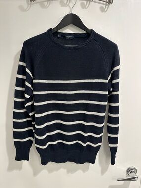 SuitSupply Striped Crewneck Linen Sweater - Navy and White